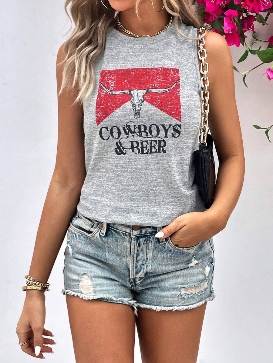 SHEIN LUNE Top tank con toro & con estampado de letra - Gris Claro - Ver 1