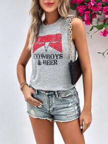SHEIN LUNE Top tank con toro & con estampado de letra - Gris Claro - Ver 3