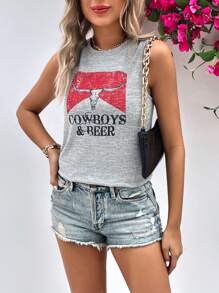 SHEIN LUNE Top tank con toro & con estampado de letra - Gris Claro - Ver 4