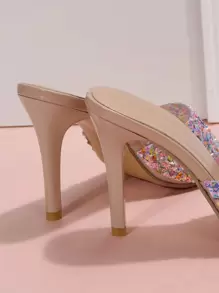 Spring/Summer Women Sequins Decor Mules, PVC Stiletto Heeled Glamorous Sandals - Pink - View 2