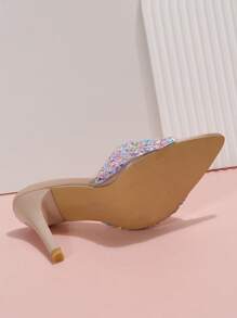 Spring/Summer Women Sequins Decor Mules, PVC Stiletto Heeled Glamorous Sandals - Pink - View 3