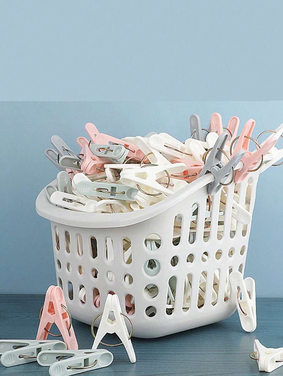 50pcs Plastic Clothes Peg & 1pc Storage Basket, Modern Mixed Color Clothespin For Outdoor - Multicolor - View 1