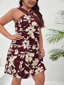 SHEIN Frenchy Plus Floral Print Crisscross Front Halter Neck Dress - Maroon - View 3