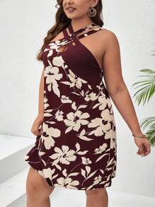 SHEIN Frenchy Plus Floral Print Crisscross Front Halter Neck Dress - Maroon - View 4