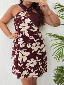 SHEIN Frenchy Plus Floral Print Crisscross Front Halter Neck Dress - Maroon - View 5