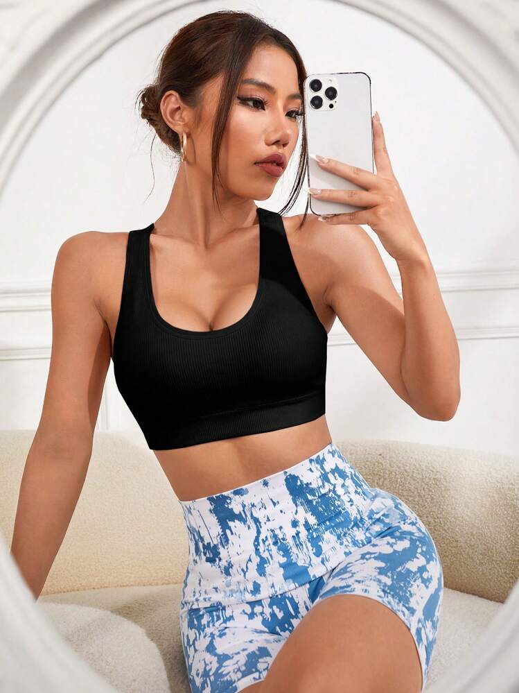 Yoga Basic Solid Hollow Out Racerback Sports Bra - Black - View 4