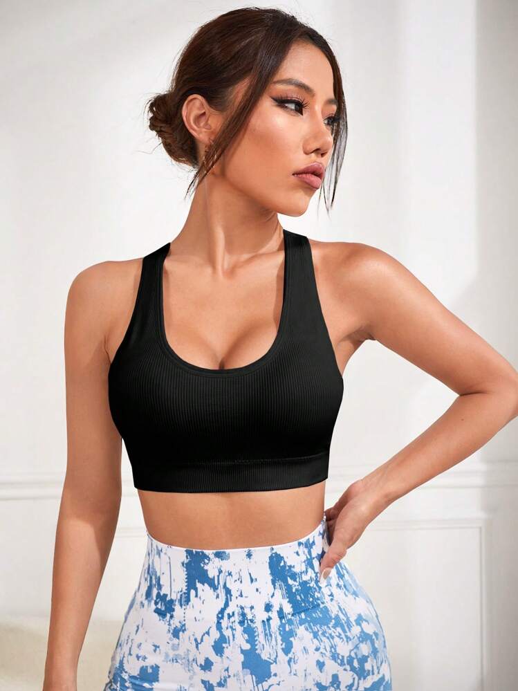 Yoga Basic Solid Hollow Out Racerback Sports Bra - Black - View 5