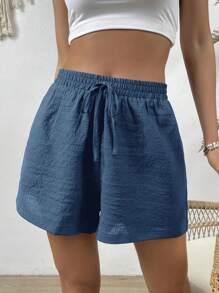 SHEIN VCAY Solid Knot Waist Wide Leg Shorts - Blue - View 2