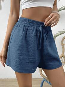 SHEIN VCAY Solid Knot Waist Wide Leg Shorts - Blue - View 4