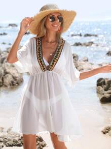 Swim Vcay Summer Beach Contrast Tape Batwing Sleeve Cover Up Dress - White - View 5