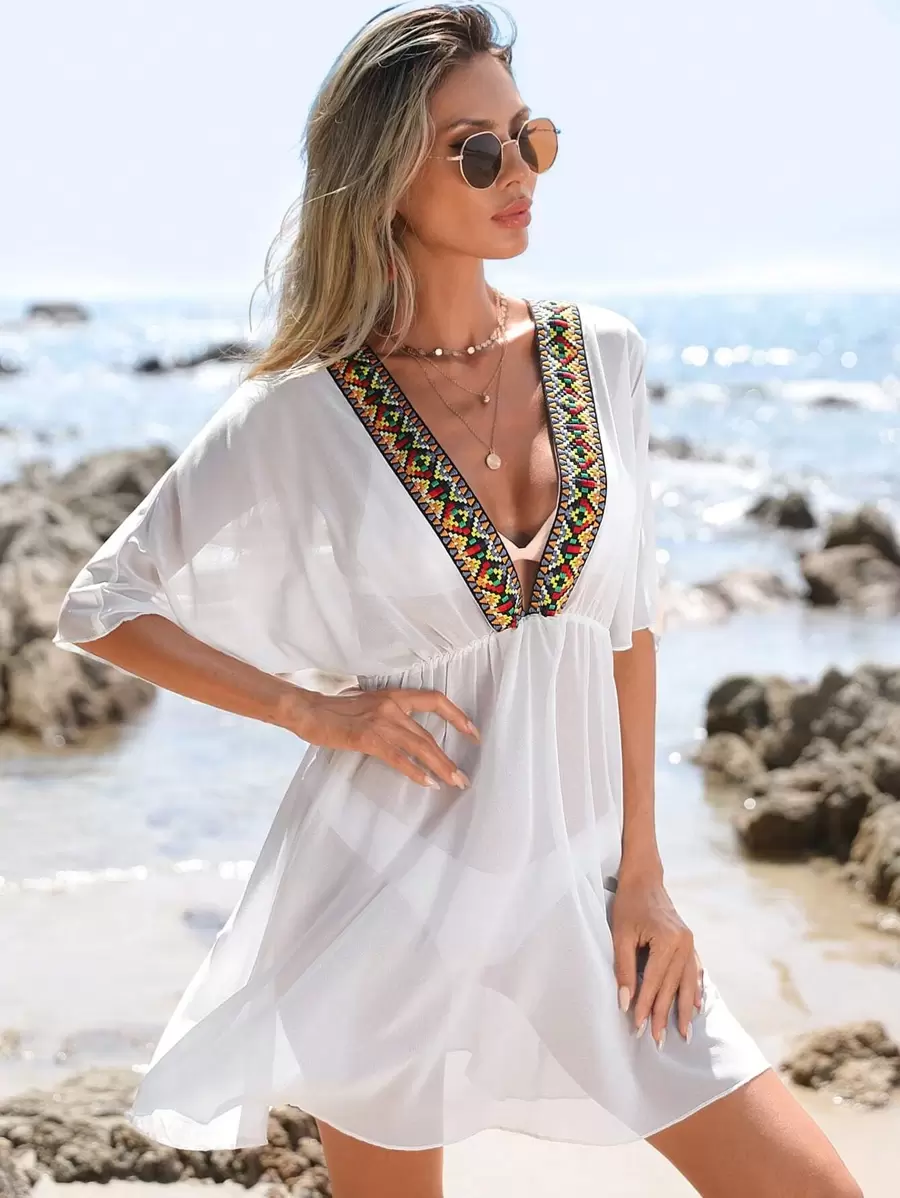 Swim Vcay Summer Beach Contrast Tape Batwing Sleeve Cover Up Dress - White - View 1