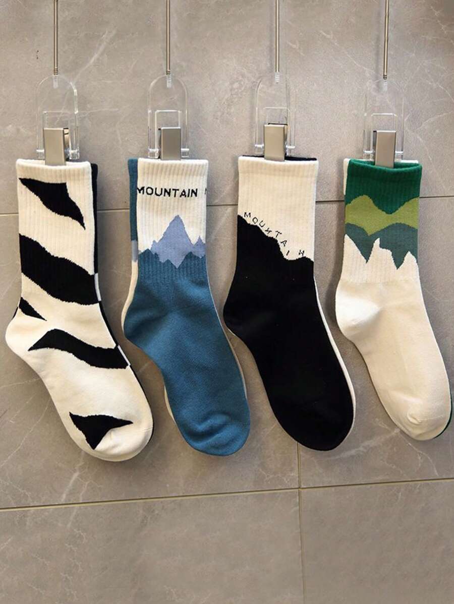 4雙女士字母和撞色中筒襪適用於日常 - 彩色 - 查看 1