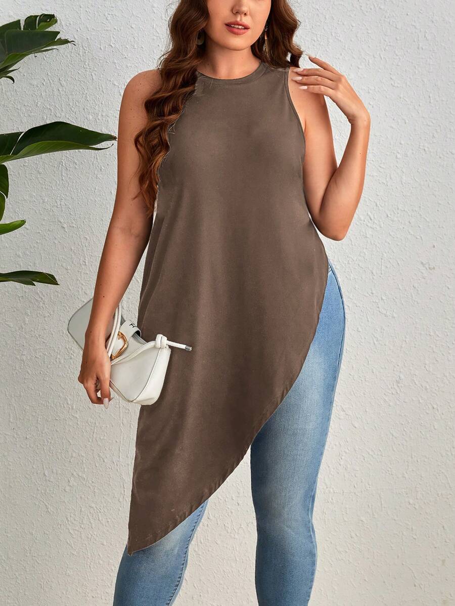 SHEIN Unity Plus Asymmetrical Hem Tank Top - Mocha Brown - View 1