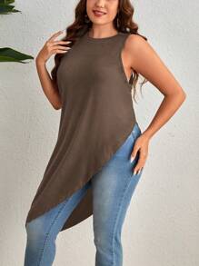 SHEIN Unity Plus Asymmetrical Hem Tank Top - Mocha Brown - View 4