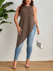 SHEIN Unity Plus Asymmetrical Hem Tank Top - Mocha Brown - View 5