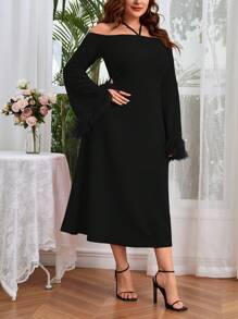 SHEIN Unity Plus Fuzzy Cuff Halter Neck Flounce Sleeve Dress - Black - View 3