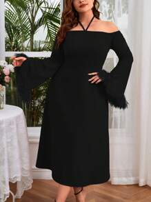 SHEIN Unity Plus Fuzzy Cuff Halter Neck Flounce Sleeve Dress - Black - View 4