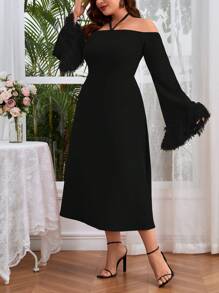 SHEIN Unity Plus Fuzzy Cuff Halter Neck Flounce Sleeve Dress - Black - View 5