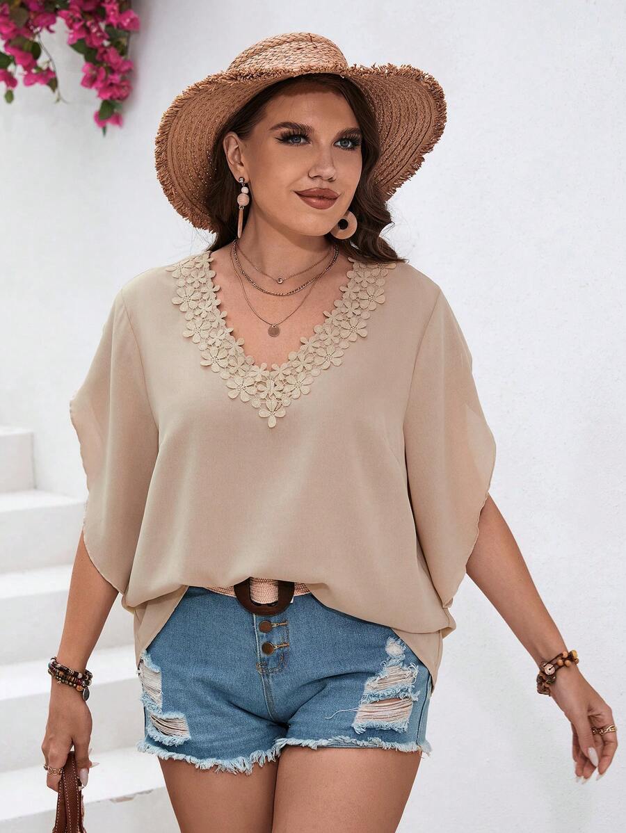 SHEIN VCAY Plus Guipure Lace Panel Batwing Sleeve Blouse - Khaki - View 1