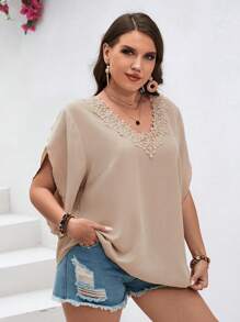 SHEIN VCAY Plus Guipure Lace Panel Batwing Sleeve Blouse - Khaki - View 3