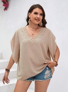 SHEIN VCAY Plus Guipure Lace Panel Batwing Sleeve Blouse - Khaki - View 4