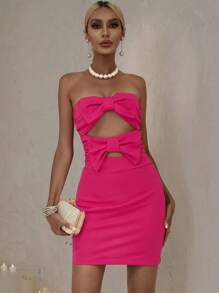 SHEIN BAE Đầm Cắt ra Dây kéo Nơ trước màu trơn Gợi cảm - Màu Hồng Tươi - Xem 3