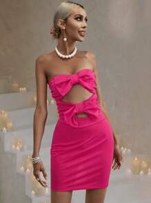 SHEIN BAE Đầm Cắt ra Dây kéo Nơ trước màu trơn Gợi cảm - Màu Hồng Tươi - Xem 5
