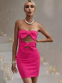 SHEIN BAE Đầm Cắt ra Dây kéo Nơ trước màu trơn Gợi cảm - Màu Hồng Tươi - Xem 6