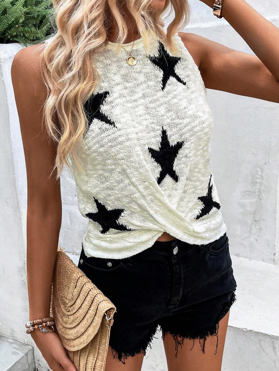 Breezaya 星星圖案扭結下擺針織上衣 - 米色 - 查看 1