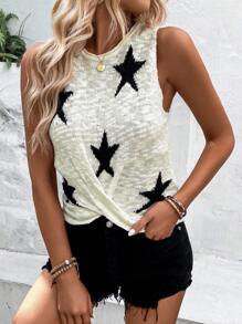 Breezaya 星星圖案扭結下擺針織上衣 - 米色 - 查看 5