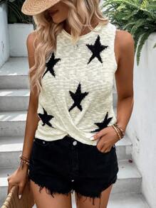 Breezaya 星星圖案扭結下擺針織上衣 - 米色 - 查看 6