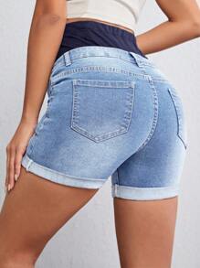SHEIN Quần short denim dành cho bà bầu Túi Hem thô Bị tách màu trơn - Rửa nhẹ - Xem 2