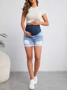 SHEIN Quần short denim dành cho bà bầu Túi Hem thô Bị tách màu trơn - Rửa nhẹ - Xem 4