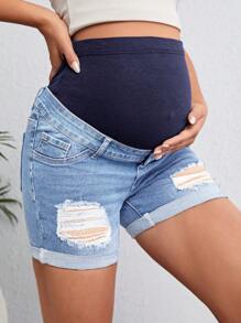 SHEIN Quần short denim dành cho bà bầu Túi Hem thô Bị tách màu trơn - Rửa nhẹ - Xem 5