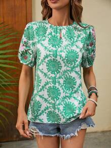 SHEIN VCAY 滿版印花泡泡袖襯衫 - 彩色 - 查看 6