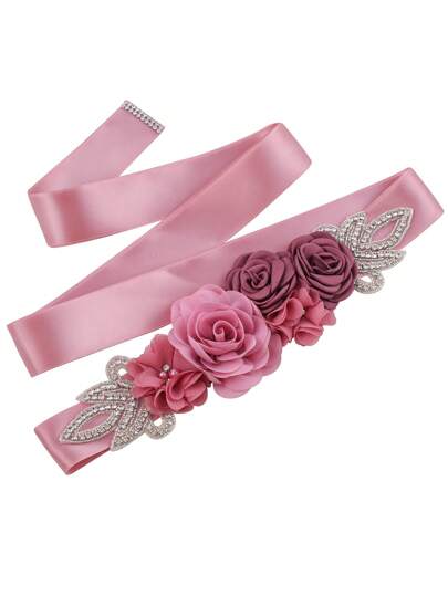 1pc Romantic Fabric Flower Hand Sewn With Rhinestone Bridal Belt For Wedding Dress, Maternity Photography Accessories Boho