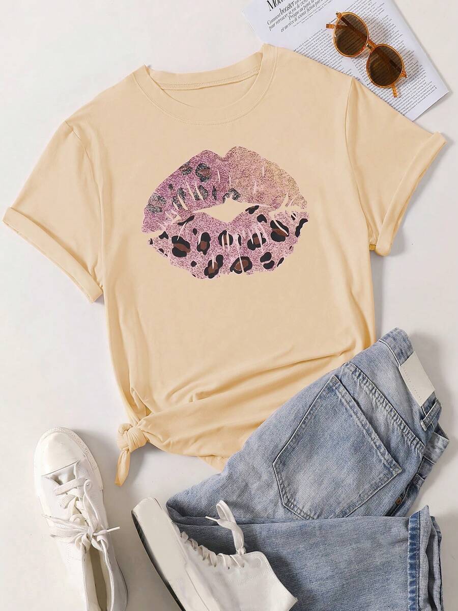 SHEIN LUNE Áo thun Plus size Con số In hoa Báo Giải trí - Màu be - Xem 1