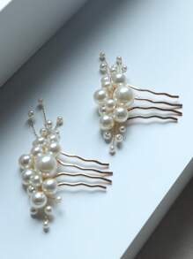 2pcs Simple Pearl Bridal Hair Comb, Suitable For Wedding And Daily Wear Tiaras. Valentine's Day Accessories - Gold - View 4