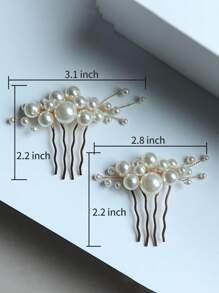 2pcs Simple Pearl Bridal Hair Comb, Suitable For Wedding And Daily Wear Tiaras. Valentine's Day Accessories - Gold - View 5