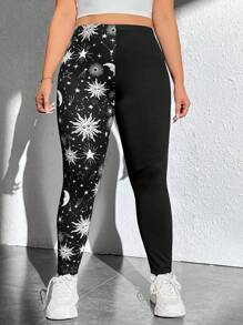 SHEIN EZwear 大碼日月圖案緊身打底褲 - 黑與白 - 查看 4