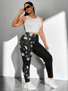 SHEIN EZwear 大碼日月圖案緊身打底褲 - 黑與白 - 查看 3