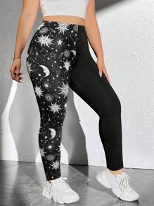 SHEIN EZwear 大碼日月圖案緊身打底褲 - 黑與白 - 查看 1