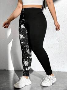 SHEIN EZwear 大碼日月圖案緊身打底褲 - 黑與白 - 查看 5