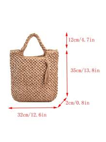 極簡草編包流蘇裝飾適用於度假,完美適合夏天海灘旅行度假 - 卡其色 - 查看 3