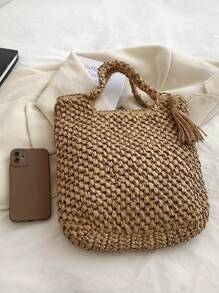 極簡草編包流蘇裝飾適用於度假,完美適合夏天海灘旅行度假 - 卡其色 - 查看 5