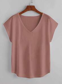 SHEIN LUNE 素色蝙蝠袖V領弧形下擺T恤 - 藕粉色 - 查看 1