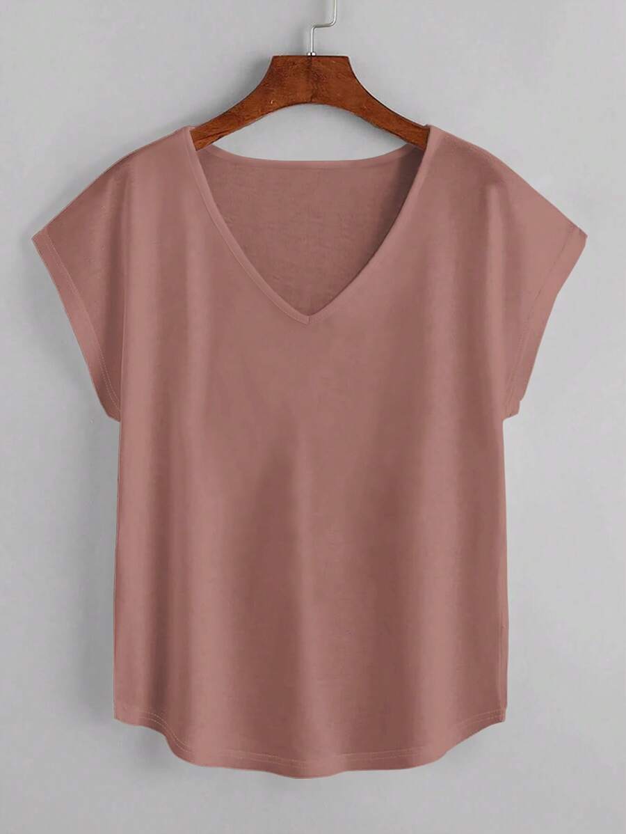 SHEIN LUNE 素色蝙蝠袖V領弧形下擺T恤 - 藕粉色 - 查看 1