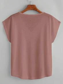 SHEIN LUNE 素色蝙蝠袖V領弧形下擺T恤 - 藕粉色 - 查看 2