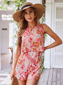 SHEIN VCAY Áo liền quần nữ Xù Dây kéo Hoa Tất cả trên in Boho - Nhiều màu - Xem 3
