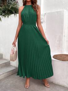 Chiquease Solid Pleated Hem Halter Dress - Dark Green - View 3